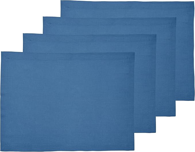 Solino Home Linen Placemats Set of 4 - Indigo Blue Placemats 14 x 19 Inch - 100% Pure Linen Table Place Mats for Summer - Fete