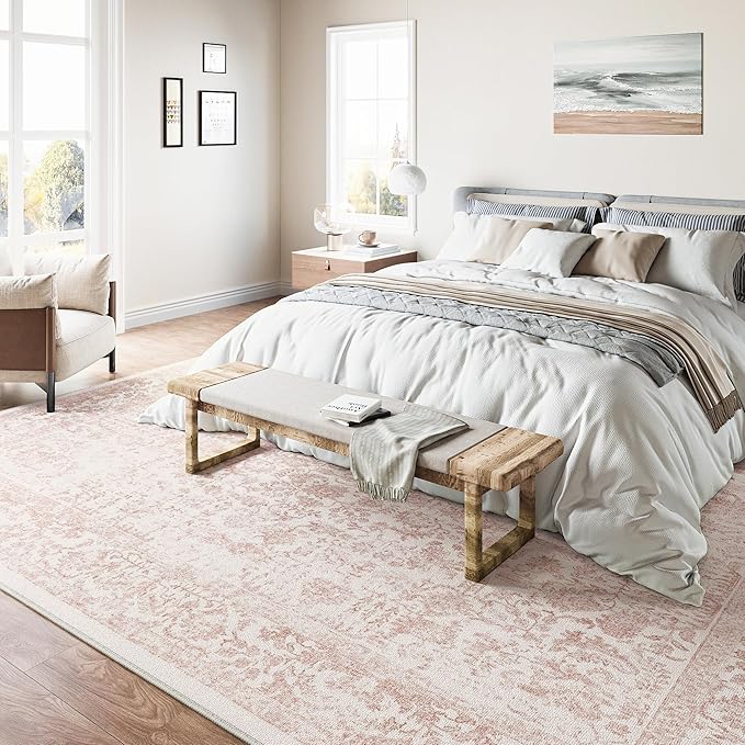 Pink Area Rug 8x10 Machine Washable Large Vintage Living Room Distressed Non Slip Carpet Traditional Indoor Bedroom Retro Floral Accent Throw Rug for Office Kitchen Dining Room