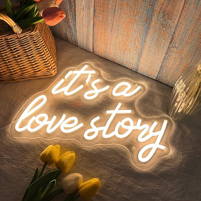 Its a Love Story Neon Sign, white USB Led Light Up Signs for Bedroom Aesthetic Birthday Wedding Party Gift Boyfriend Girlfriend Lover Women Men Room Bathroom Decoration Gift, 15.7 x 11.8 Inch