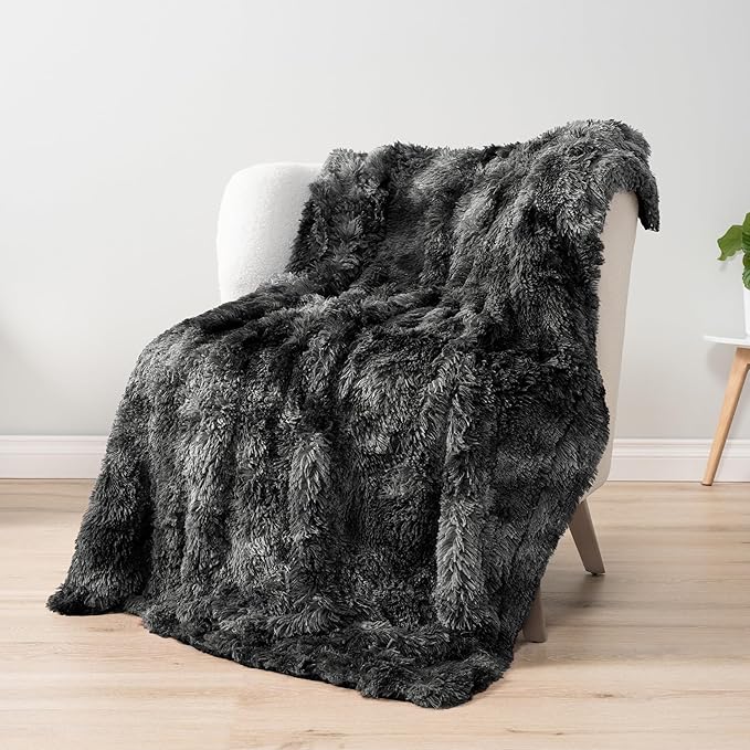 Pavilia Black Fluffy Bed Blanket, King Size, Fuzzy Plush Warm Large Blanket for Couch Sofa, Super Soft Thick Faux Fur Sherpa, Tie-Dye, 90x108