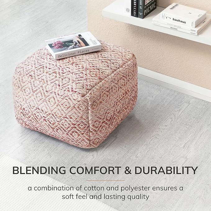 Anji Mountain 100% Handmade & Handcrafted Comfortable Home Décor Pouf Ottoman Footrest for Living Room, Bedroom, Nursery, Kidsroom, Patio Furniture - (22" x 22" x 16"- Pink,Beige)