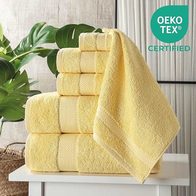 TEXTILOM 6 Pcs Bath Towel Set – Hotel and Spa Quality & Soft & Absorbent & Quick Dry Bath Towels for Bathroom –100% Turkish Cotton Bathroom Towels Set (2 Bath Towels,2 Hand Towels,2 Washcloths)-Yellow