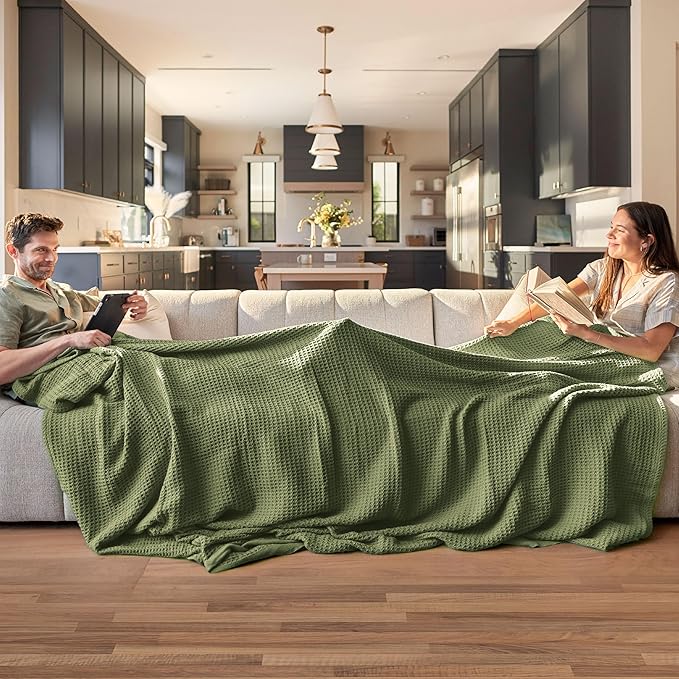 Bedsure 100% Cotton Blanket Queen Size for Bed - Breathable and Soft, Waffle Weave Blanket for Summer Spring, Olive Green, 90x90 Inches