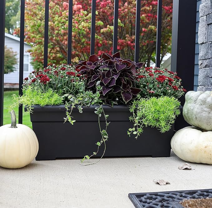 The HC Companies 28 Inch Romana Large Rectangular Planter Box - Lightweight Plastic Outdoor Plant Pot with Drainage for Decks, Patio, Pool, Black