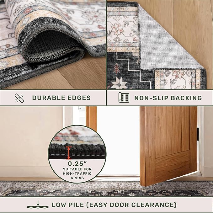 Boho Dining Room Rugs for Under Table - 7x9 Washable Black Area Rug for Living Room, Low Pile Non-Slip Rugs for Bedroom Under Bed - Charming Farmhouse Decor & Stain Resistance - Black/Multi