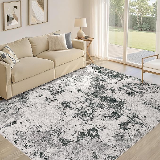 Area Rugs for Living Room: 7x9 Abstract Washable Rug Large Soft Stain Resistant Non-Slip Backing for Bedroom Dining Room Indoor Home Office Carpet for Kids Pet Friendly Families - Dark Grey