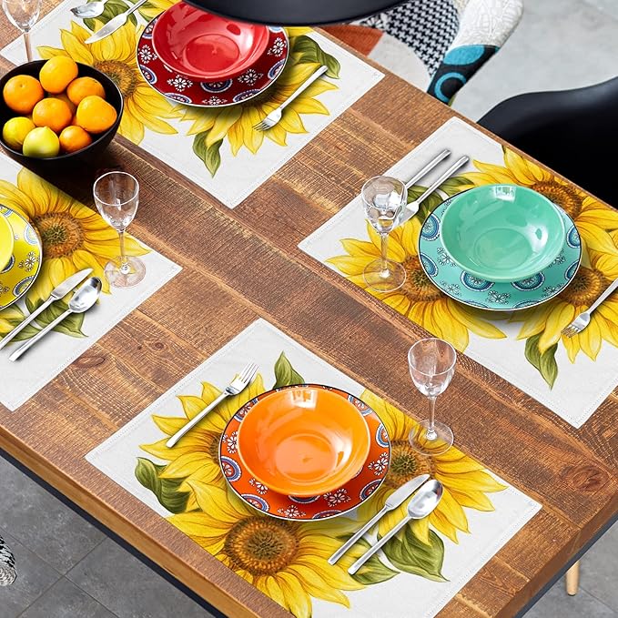 Sunflower Placemats Set of 4 Watercolor Sunflower Washable Non-Slip Heat Resistant 12×18 Inch Summer Florl Thick Place Mats Decorative Linen Fabric Table Mat for Dining Table