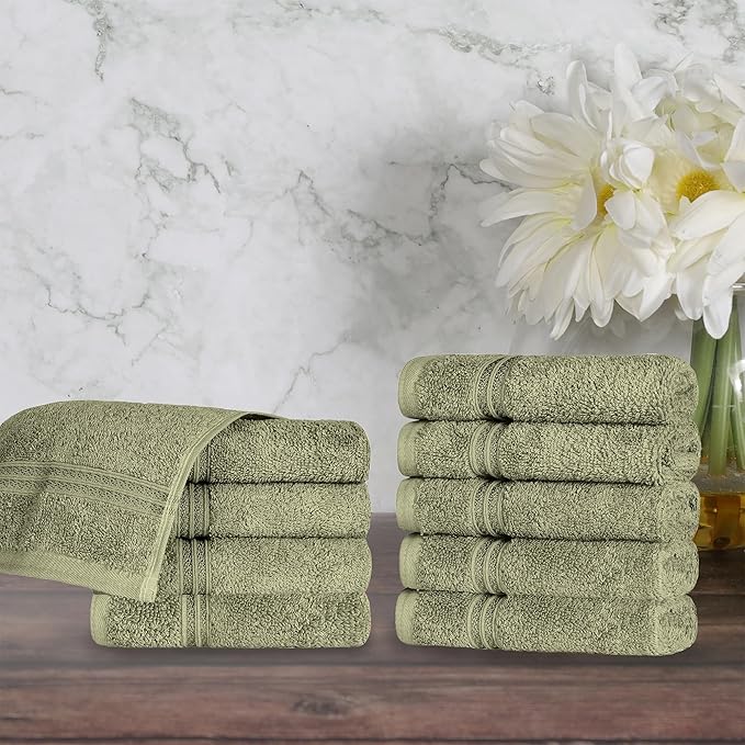 Superior Egyptian Cotton Face Towel/Washcloth Set, Small Towels for Home Bathroom, Master, Guest Bath, Decor Essentials, Quick Dry, Absorbent, Spa, Hotel, Resort, Adult, Kids, Set of 10, Forest Green
