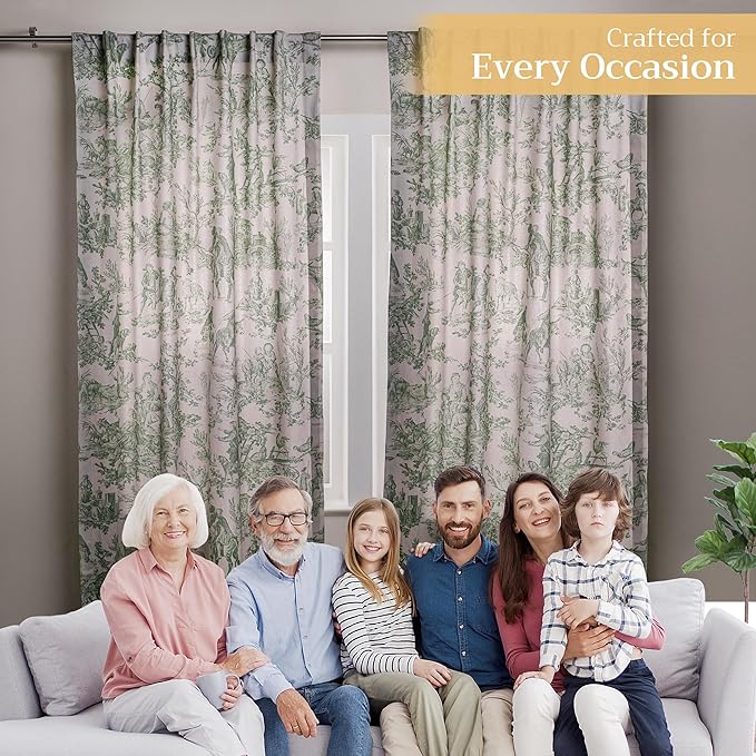 Maison d' Hermine Curtains for Living Room 100% Cotton 96 inch Length One Panel Light Filtering Toile Curtains for Bedroom Windows with Rod and Loop Pockets (The Miller Antique Green, 50" W x 96" L)