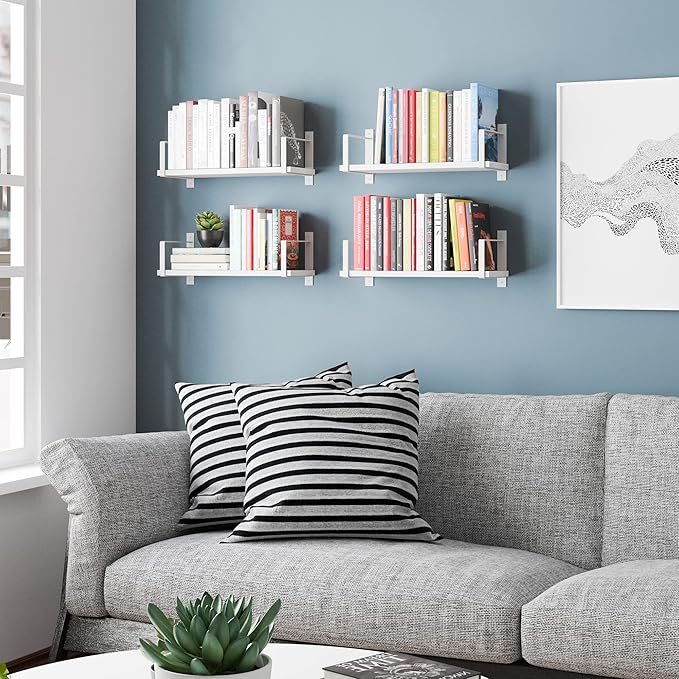 Wallniture Toledo 17" Floating Shelves for Wall, Bookshelf Living Room Decor, Kitchen Organization, Bathroom Shelves, 17" Office Wall Shelf Set of 4 White