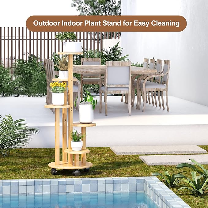 FILWH Plant Stand For Outdoor Indoor Tall Bamboo Flower Stand with Wheels Plant Shelf Pot Holder Plants Corner Display Rack for Balcony Garden Patio(Natural)
