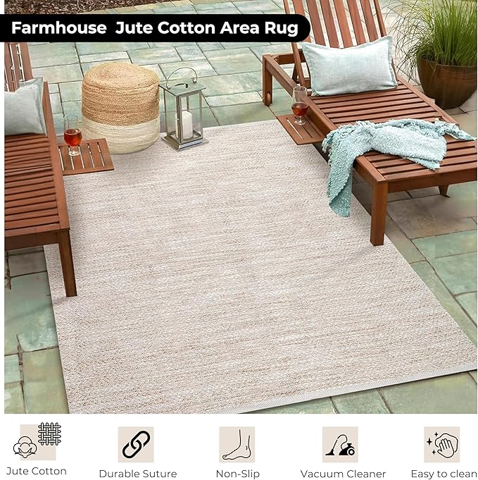 Poly Cotton Area Rug 48x72 Inch – Natural Matty Texture, Machine Washable 4x6 Ft Rug for Living Room – 80% Polyester 20% Cotton – Rustic Farmhouse Style Floor Carpet Bedding Craft