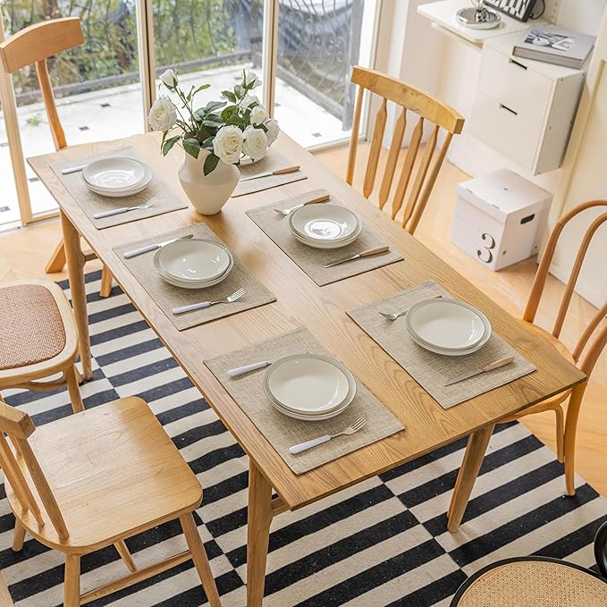 Demetex Burlap Place Mats Set of 6 Heat Resistant Linen Placemats Decorative Wipeable Fabric Table Mats for Dining Kitchen Tables, Burlap