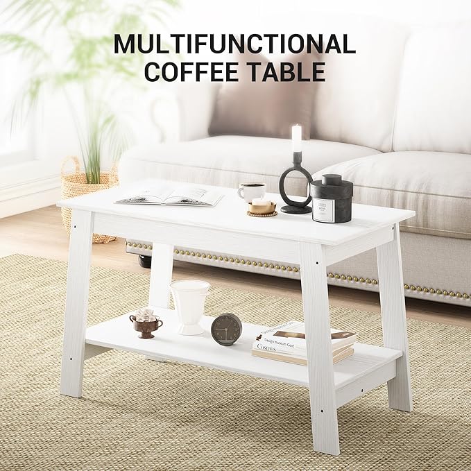 2-Tie Coffee Table, Rustic Wood Living Room Tables with Open Rectangular Storage Compartment, Coffee Tables for Living Room, Outdoors, Home Office, Bedroom, White
