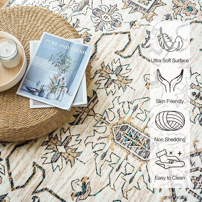 VK VK·LIVING 8x10 Area Rug Washable Rugs for Living Room Rug Vintage Design Boho Rug with Non Slip Living Room Rug Bedroom Carpet Stain Resistant, Home Decor, Beige