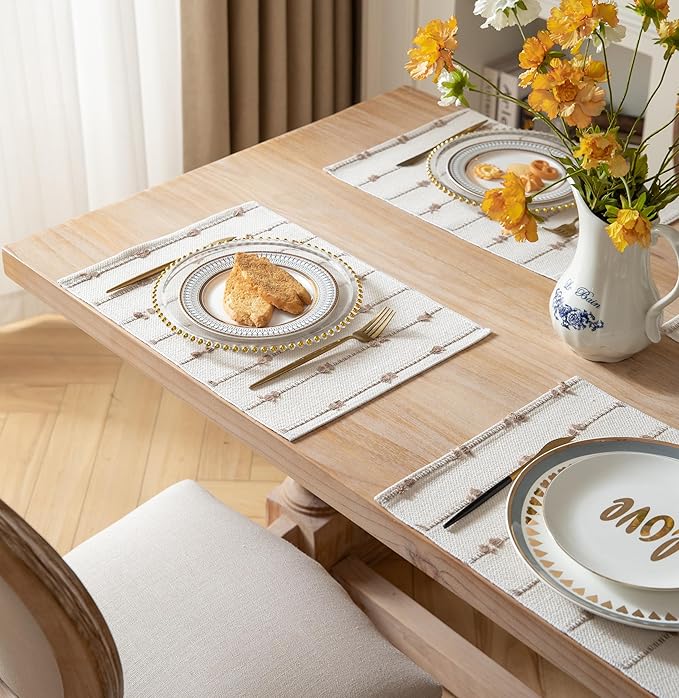 Boho Placemats Set of 6 for Dining Table Decor, Woven Cloth Place Mats for Farmhouse Rustic Kitche Home Decor, Cotton Placemats 13 x 19 Inch, Taupe and Beige Table mats