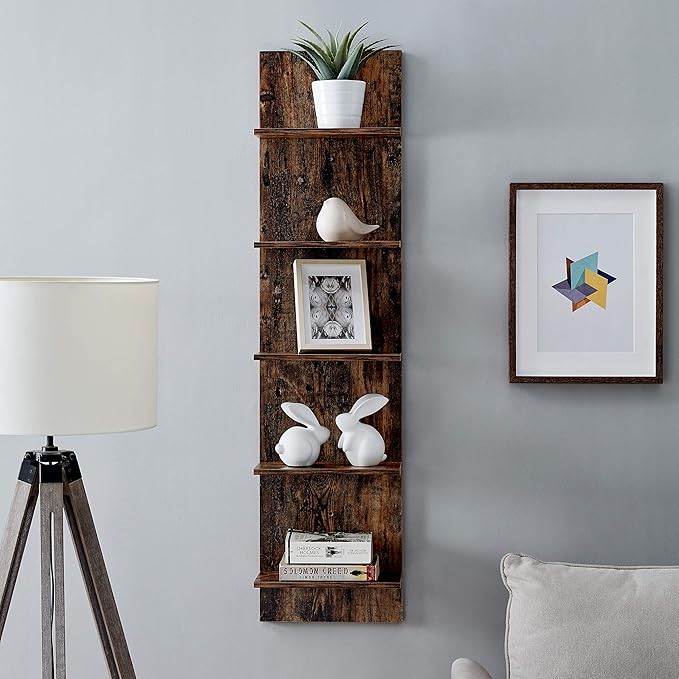 Danya B. Narrow Decorative Wall Mount Vertical Shelving Unit – Modern Column with 5 Shelves Home or Office for Books, Décor Display (Pine)