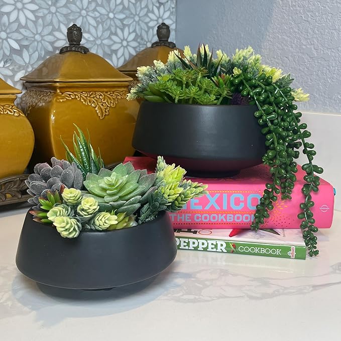 Admired by Nature Set of 6.5" & 9.5" Ceramic Flower Planters, Ceramic Pot Planter, Plant Pots Indoor Ceramic, Houseplant Ceramic Pot, Decorative Planter for Indoor Succulent Plant Home Décor, Black