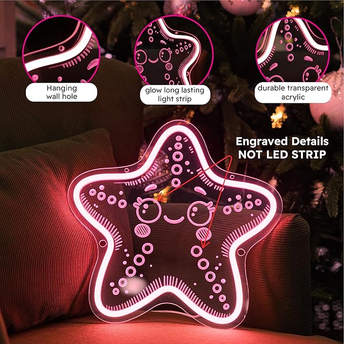 Starfish Neon Sign, Pink Neon Sign, Kawaii Star Ocean Decor Design, USB Cable with Dimmer, Beach Themed Night Light Gift for Craft Room Kid Wall Decor (11,8 * 11,5in)