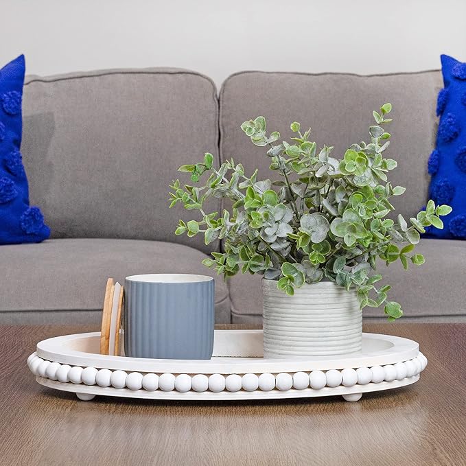 AuldHome Wood Beaded Tray (White), Decorative Farmhouse Style Oval Wooden Tray
