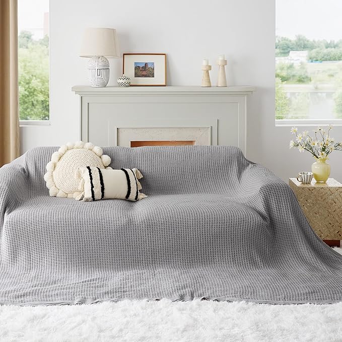 Bedsure 100% Cotton Large Blanket Oversized King for Bed - Breathable Waffle Weave Blanket for Summer Spring, Couch Cover, Grey, 120x94 inches
