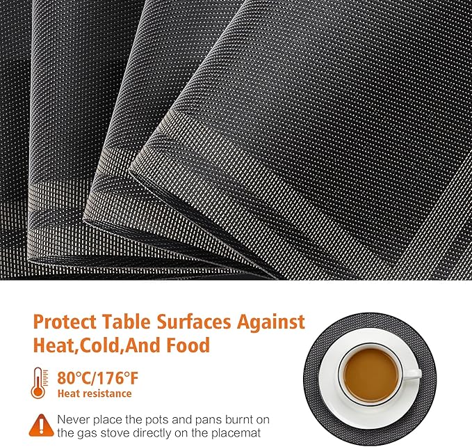 Placemats Set of 8,Washable,Heat and Stain Resistant Indoor/Outdoor Place mats, Vinyl Woven Non Slip Table Mats for Restaurant Table Protection, PVC Table Placemats.(Black Gold, 8PCS)