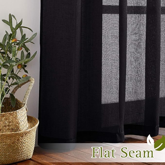 NICETOWN Natural Flax Sheer Linen Curtains Grommet Top, Semitransparent Vertical Blinds Solid Cool Window Treatment Privacy with Light Filter for Boys Bedroom, Black, W52 x L45, Set of 2