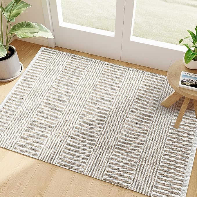 Bedding Craft Jute Cotton Stripe Area Rug for Living Room 24x36 Inch - Natural Ivory - Machine Washable 2x3 Feet Rugs - 70% Jute and 30% Cotton