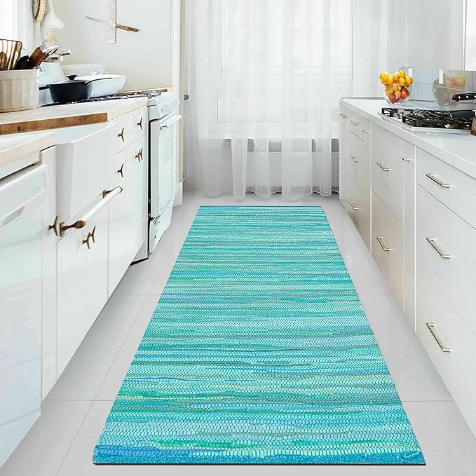 Rug Area Rugs 2x6 Ft Cotton Hand Woven for Livingroom Bedroom RagRug Reversible Farmhouse Kitchen RunnerRug Carpet Green Large Area Runner Mat for Hallway, Entryway 24x72 Inch Teal