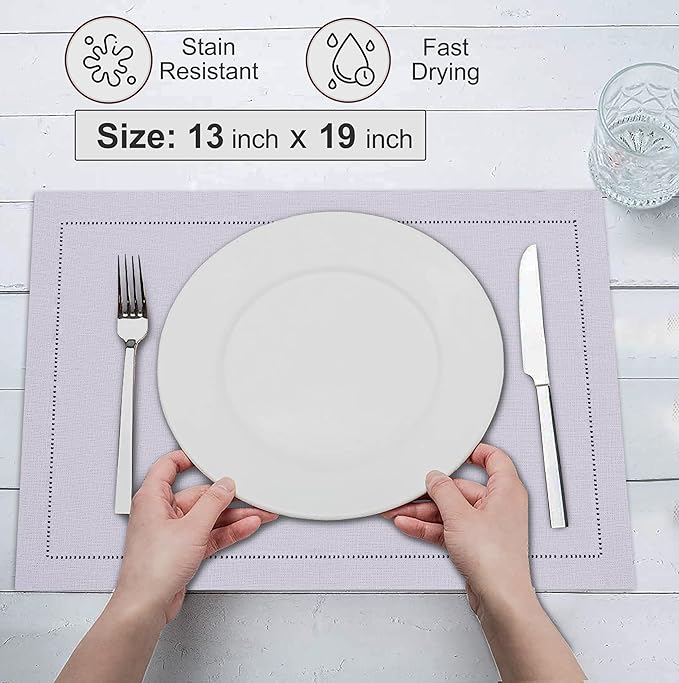 Ruvanti Linen Placemats Set of 6-13x19 Inch, Classic Hemstitch, Heat Resistant Machine Washable Place Mats, Soft & Elegant- Perfect for Christmas, Thanksgiving, Weddings, Dinner - Lavender Grey