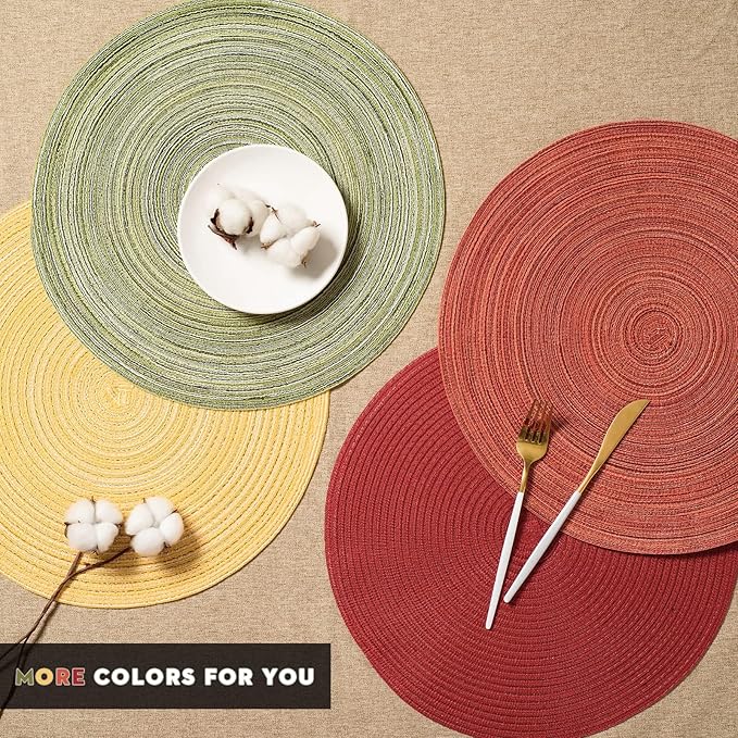 FunWheat Round Braided Placemats Set of 8 Place mats for Dining Tables Woven Heat Resistant Table Mats 15 inch for Fall(Orange,8pcs)