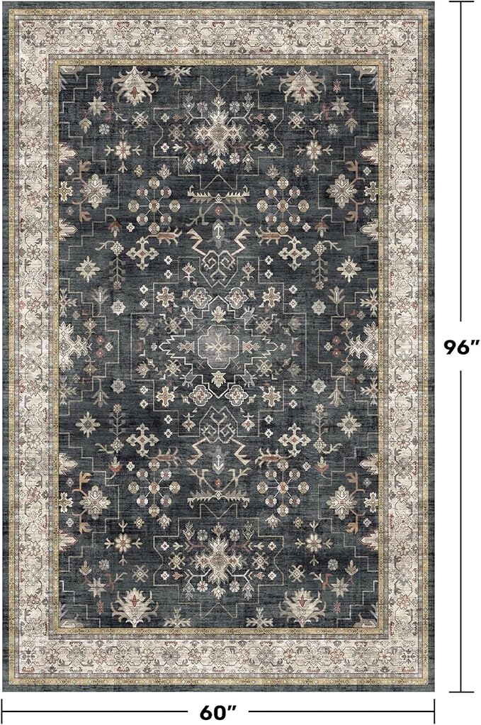 Black Modern Farmhouse 5x8 Area Rug for Living Room, Boho Large Entryway Rug, Dark Floor Carpet for Kitchen Under Small Dining Table, Bedroom - Washable Low Pile Waterproof Non Slip & Stain Resistance