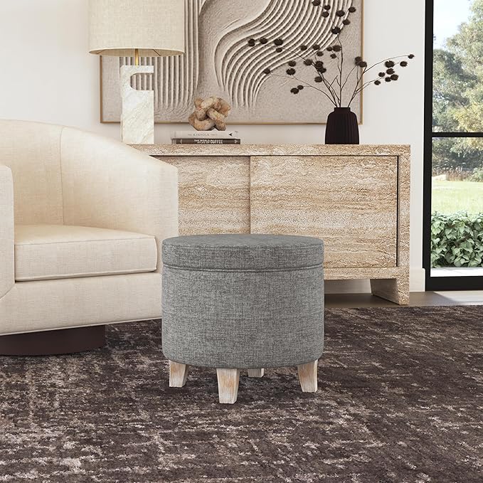 HomePop Upholstered Round Storage Ottoman Home Décor|Upholstered Round Foot Rest Ottoman -Gray Woven