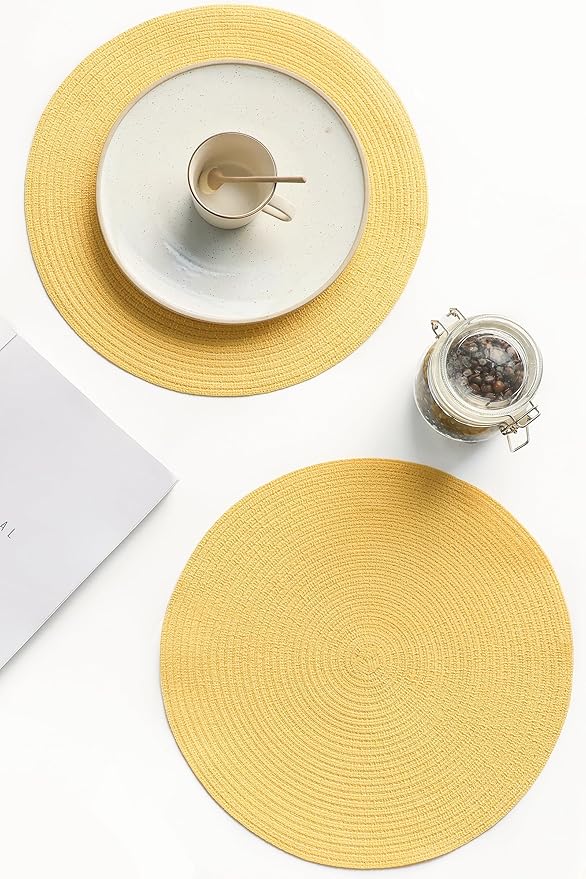 Floroom 15 Inch Round Braided Placemats Set of 6, Washable Heat Resistant Cotton Polyester Circle Place Mats for Kitchen Dining Table - Yellow