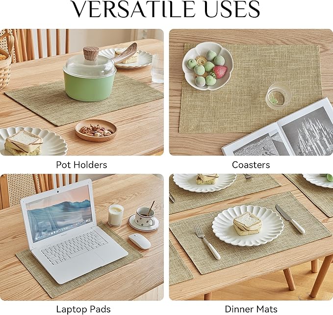 Softalker Faux Linen Placemats Set of 12-12 x 18 Inch, Heat Resistant Double Layered Durable Burlap Farmhouse Place Mats, Non-Slip Washable Rustic Table Mats for Dining, Kitchen, Party(Khaki