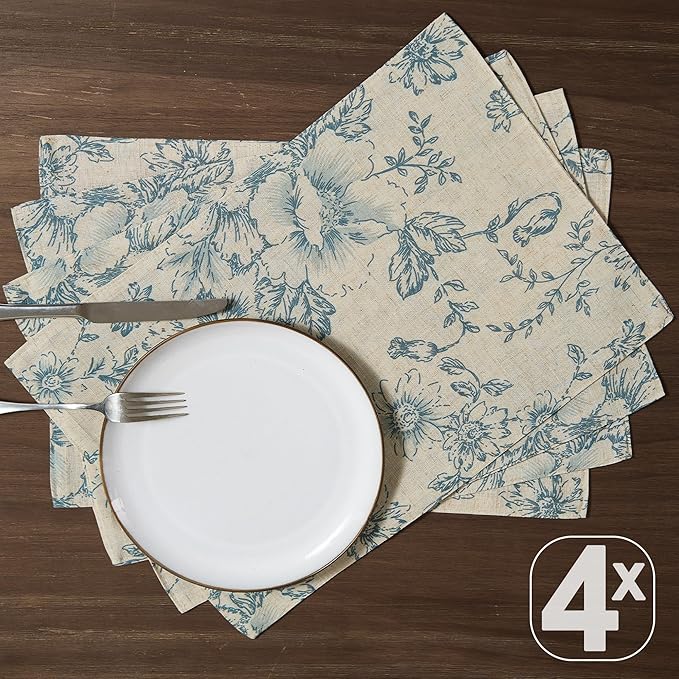 JINCHAN Floral Placemats Set of 4 Farmhouse Linen Placemats Cloth Table Mats Holiday Seasonal Rustic for Kitchen Dining Table Decor Heat Resistant Washable Tablemats 13x19 Inch Blue