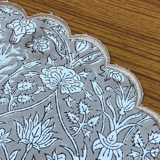 Ridhi Bo-ho Round Place Mat Easter Floral Cotton Washable Placemats 15" Round Embroidery Block Print Table Mat (Pack of 4-15 Inch Round, Taupe)