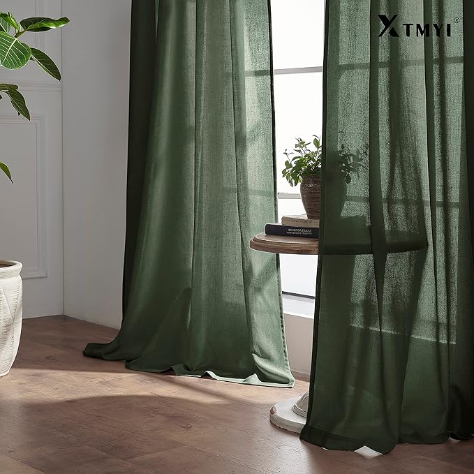 XTMYI Short Curtains for Bedroom,Pole Pocket Back Tab Linen Boho Small Curtain for Kitchen Shower Bathroom Window,54 Inch Length,Dark Olive Green