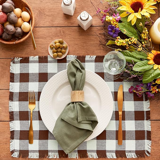 DII Heavyweight Fringed Check Tabletop Collection, Placemat Set, 13x19, Bark Brown, 6 Piece