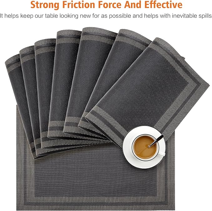 Placemats Set of 8,Washable,Heat and Stain Resistant Indoor/Outdoor Place mats, Vinyl Woven Non Slip Table Mats for Restaurant Table Protection, PVC Table Placemats.(Black Gold, 8PCS)