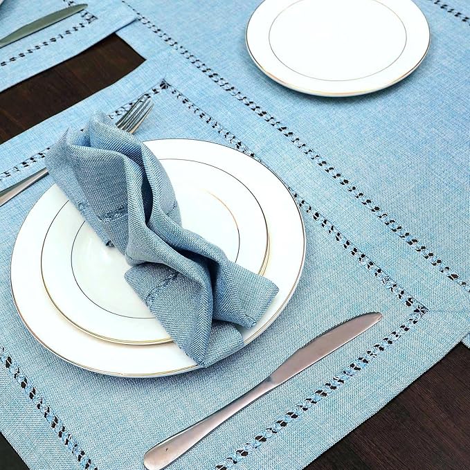 Grelucgo Handcrafted Solid Color Dining Table Runner, Dresser Scarf, Double-Hemstitched (Light Blue, 14 x 54)