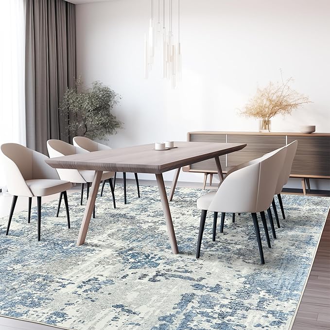 Art&Tuft Washable Rug, Anti-Slip Backing Abstract 6x9 Rug, Stain Resistant Rugs for Living Room, Foldable Machine Washable Area Rug (TPR53-Blue, 6'x9')