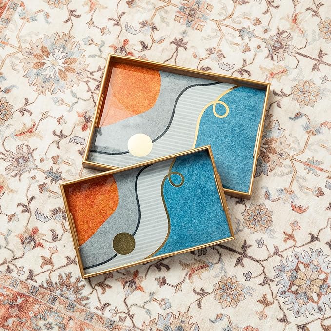 Glitzhome Serving Tray with Handles, Set of 2 Rectangle Wooden & Plastic Abstract Decorative Trays Storage Tray for Living Room Ottoman Coffee Table Parties Supplies, 17.5" x12.5" and 15.75" x 9.75"