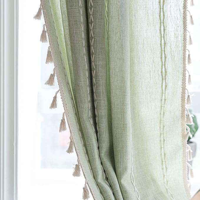 Sutuo Home Sage Green Boho Curtains for Bedroom Living Room, Semi Blackout Chic Farmhouse Country Tassels Window Treatment Bohemian Embroidery Drape for Christmas, Rod Pocket 1 Panel 52" W x 90" L