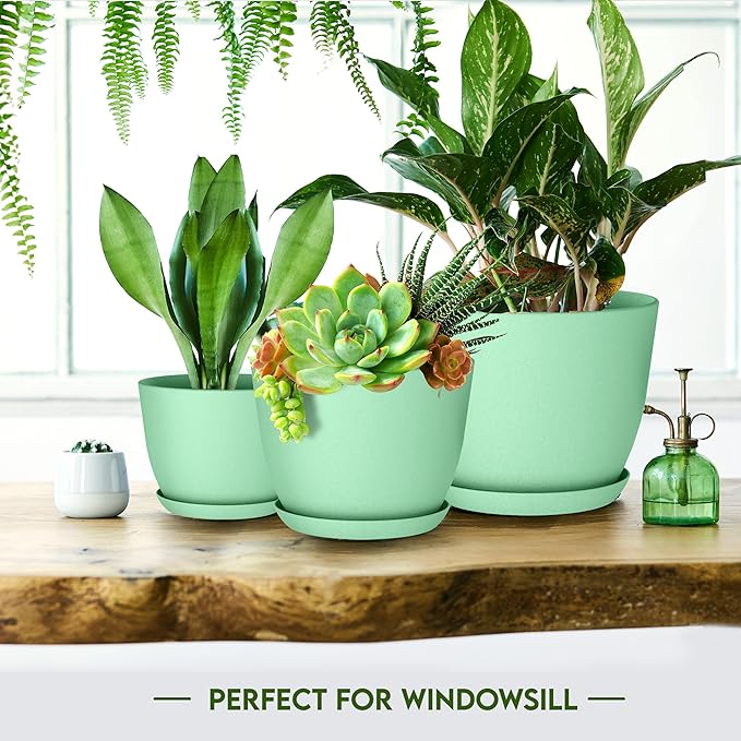 Utopia Home - Plant Pots Indoor with Drainage - 7/6.6/6/5.3/4.8 Inches Home Decor Flower Pots - Plastic Planters for Indoor Plants, Cactus, Succulents Pot (Mint, Pack of 10)