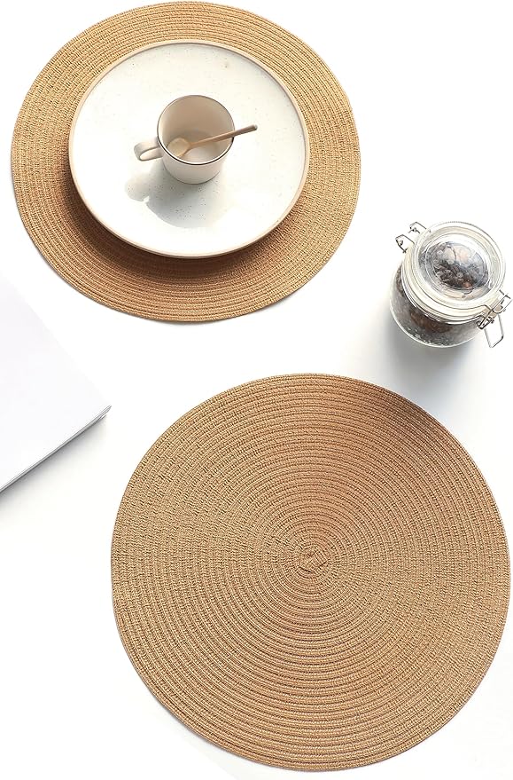 Floroom 15 Inch Round Braided Placemats Set of 6, Washable Heat Resistant Cotton Polyester Circle Place Mats for Kitchen Dining Table - Brown