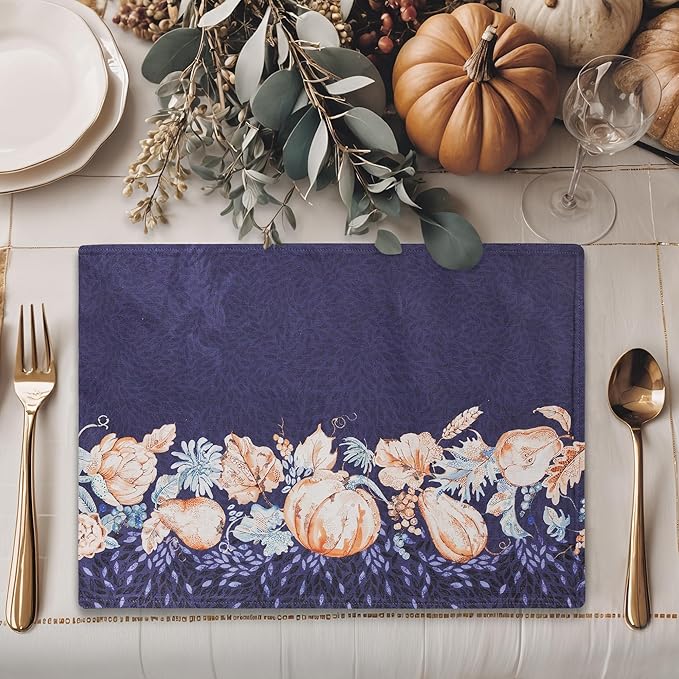 Maison d' Hermine Placemats Set of 4 100% Cotton Washable Cloth Place Mats, Reusable Table Mats for Kitchen Dining Decoration, Party, Wedding, Restaurant (Pumpkin Blues, 13" x 19")