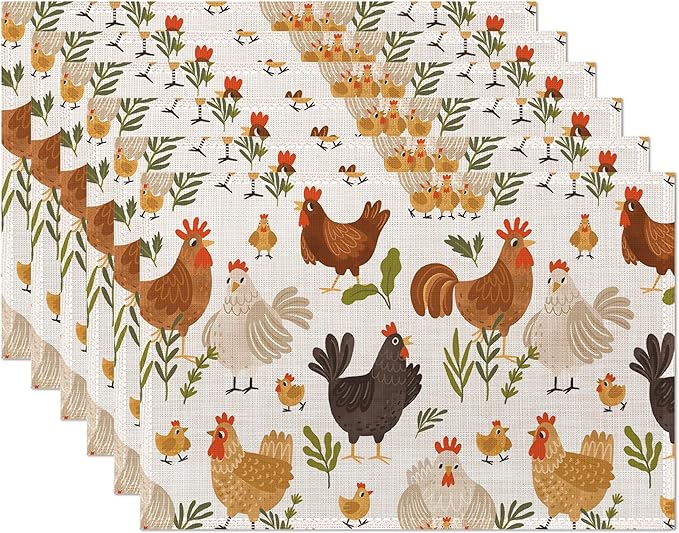 Cute Roosters Chickens Hen Placemats Set of 6, Waterproof Non-Slip Washable Table Mats Set for Kitchen Dining Holiday Party Wedding Decor 12x18 Inch
