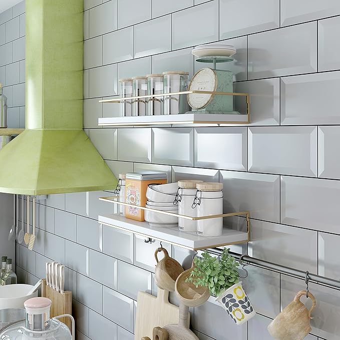 Shario White Floating Shelves - Set of 2, Wall Mounted Hanging Shelves with Golden Towel Rack, Decorative Storage Shelves for Bathroom, Kitchen, Living Room & Bedroom (White)