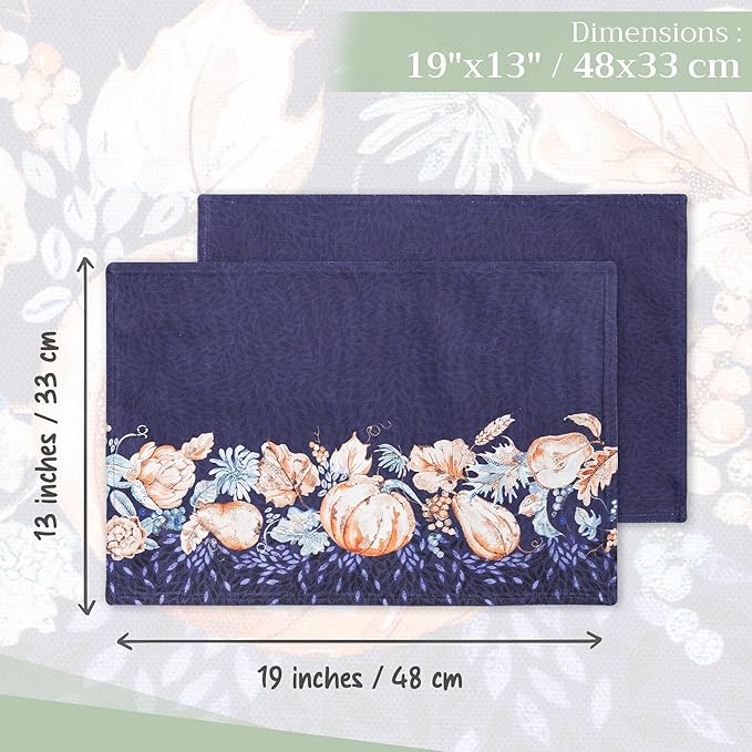 Maison d' Hermine Placemats Set of 4 100% Cotton Washable Cloth Place Mats, Reusable Table Mats for Kitchen Dining Decoration, Party, Wedding, Restaurant (Pumpkin Blues, 13" x 19")